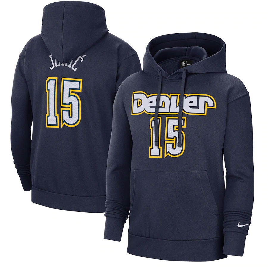 Men's Denver Nuggets #15 Nikola Jokic Navy 2021/22 City Edition Name & Number Essential Pullover Hoodie Men's Denver Nuggets #15 Nikola Jokic Navy 2021/22 City Edition Name & Number Essential Pullover Hoodie